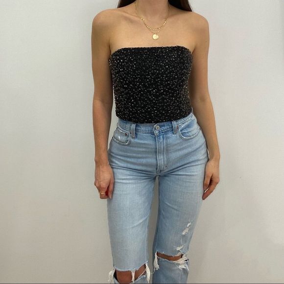 Alice + Olivia Tops - Alice + Olivia Black Beaded Strapless Silk Bustier Crop Top